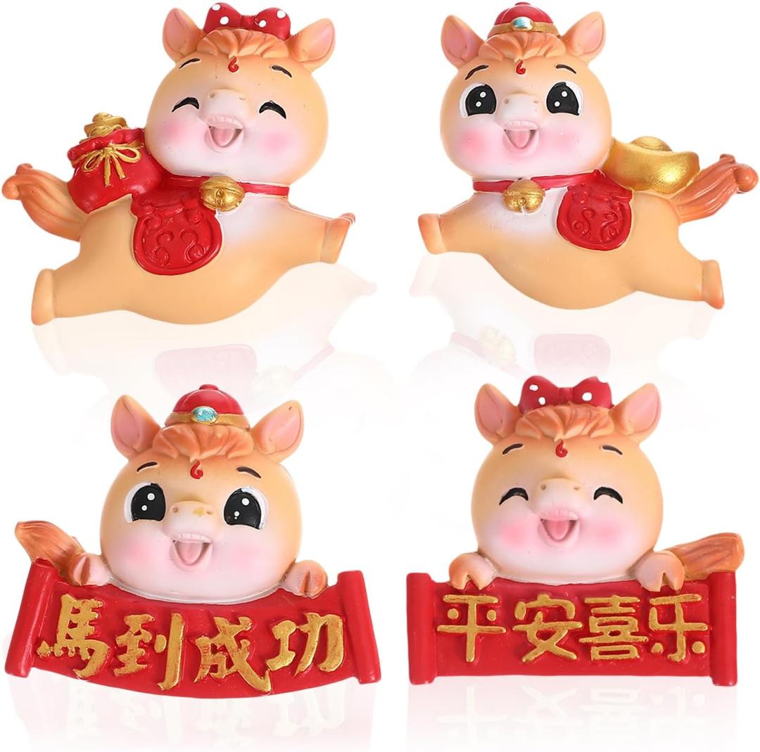 4 Pcs Chinese New Year Horse Figurines 2026 Resin Golden Mini Year of The Horse Figurine for Car Dashboard Office Tabletop Decor Lunar New Year Zodiac Collection Gift