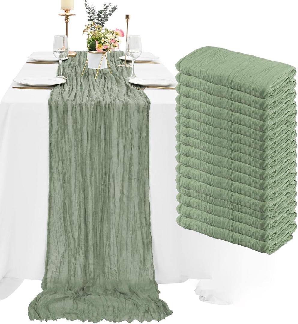 16 Pack Sage Green Cheesecloth Table Runner 10FT Boho Gauze Cheese Cloth Table Runner Long Rustic Sheer Table Runners for Wedding Bridal Baby Shower Birthday Party Table Decorations