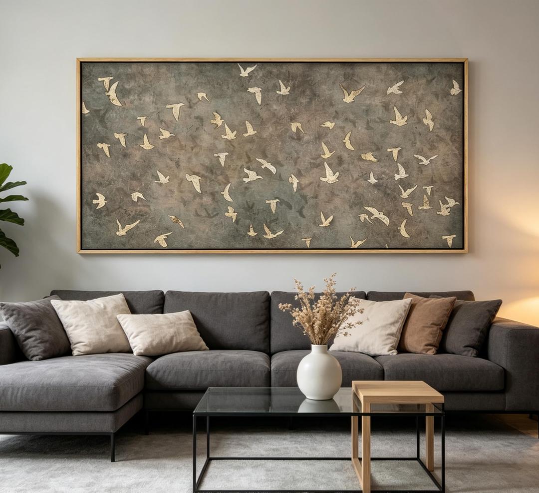 Large Wood Framed Bird Silhouette Wall art,Vintage-Inspired Flying Birds Canvas Print,Rustic Natural scenery Picture Poster,Modern Art Calm Warm Painting Artwork for Bedroom Living Room Office