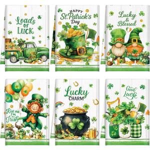 Breling Set of 6 St. Patrick's Day Kitchen Towels Shamrock Green Dish Towel Bathroom Decorative Cloths for Irish Decoration Kitchen Bathroom Home Cooking Housewarming Gifts, 14 x 21 Inch