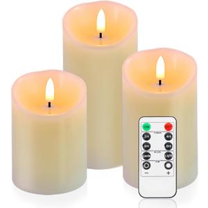 Flameless Candles Battery Operated with Remote Timer, 3D Flame Flickering, Last 500+ Hours Battery Candles, Ivory Real Wax LED Pillar Candle for Wedding Home Christmas Decorations, Set of 3