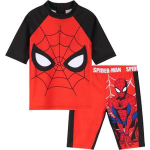 Marvel Spiderman Rash Guard Set, Summer Vacation Essentials for Kids, Childrens Swimwear Full Body Beachwear (7-8 Years, Red/Black)