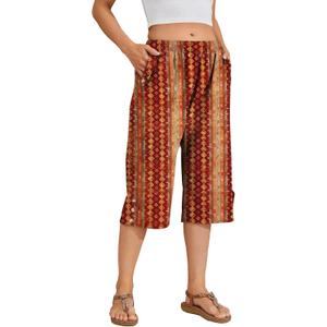Women Summer Capri Pants Casual Wide Leg Elastic Waist Lightweight Cropped Loose Pants with Pockets (Large, Printred)