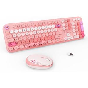 FOPETT Wireless Keyboard and Mouse Combo - 2.4G Full-Sized Cute Colorful Retro Keyboard with Round Keycaps 104 Keys Typewriter Keyboard for Laptop/Windows/PC-Pink Colorful