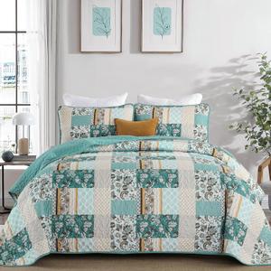 WONGS BEDDING Summer Quilt Set Queen Size 3 Pieces, Teal Patchwork Plaid Bedspread Coverlet Set, Floral Soft Lightweight Microfiber Bedding Set for All Season(96"90)