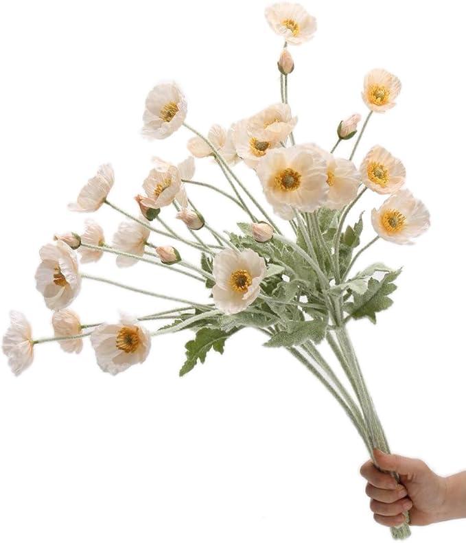 Set of 6 Poppies Flowers Artificial Silk Flowers with Long Stems Faux Wildflowers Bouquet for Vases Oil Pastel Style for Wedding Party Indoor Home Office Decor (Champagne)