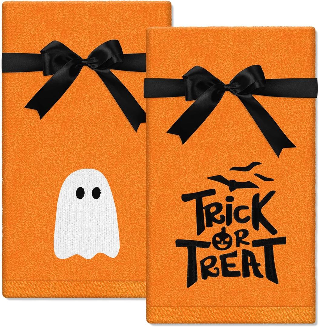 2 Pack Halloween Hand Towels Embroidered Orange Ghost Trick or Treat Cotton Dish Towel with Ribbon for Bathroom Hand Drying Kitchen Cleaning Towel Gift Set, 29.5 x 13.7 Inch
