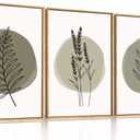 HOURIA Sage Green Leaves Framed Canvas Wall Art Set,Minimalism Boho Leaf Wall Decor, Modern Nature Botanical Wall Painting,Mid Century Plant Art Prints for Living Room,Bedroom,Farmhouse-24 x36 x3