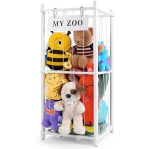 GLDZI Stuffed Animal Storage Zoo, Wooden Stuffed Animal Organizer with Elastic Cords for Boys Girls, Space Saving Toy Plushies Storage Holder for Playroom, Bedroom, Living Room (White, Small)