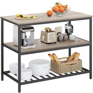 VASAGLE Kitchen Island with 3 Shelves, 47.2 Inches Width Kitchen Shelf with Large Worktop, Stable Steel Structure, Industrial, Easy to Assemble, Greige and Black UKKI001B02