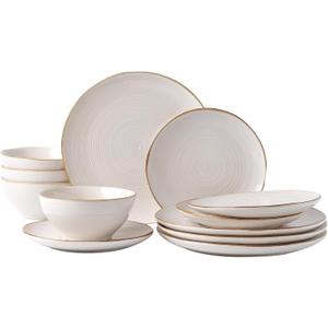 famiware Plates and Bowls Sets for 4, 12 Pieces Stoneware Dinnerware Sets, Dishes Set, Reactive Glaze Dishware Sets, Dishwasher & Microwave Safe, Tempus Series - Antique White