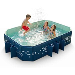 Foldable Pool Non-Inflatable, Large Collapsible Swimming Pool for Kids Adults, Hard PVC Board, 10 Triangle Supports, Family Backyard Outdoor Pool, Blue86.6" 53.1" 19.7"