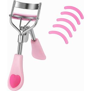 Stainless Steel Eyelash Curler with Built-in Comb Pinch Pain-Free Suitable for Any Eye Shapes and Sizes, with 5 Silicone Refill Pads (Light Pink)