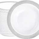 I00000 100 Silver Plastic Bowls,12 OZ White Disposable Bowls,Fancy Plastic Salad Bowl,Premium Heavy Duty Disposable Soup Bowl for Parties,Weddings,Dinners, Catering, Picnics