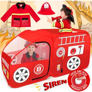 W&O Fire Truck Play Tent with Siren Button, Firefighter Hat, Jacket & Hose  Ultimate Firefighter Pop-Up Tent for Toddlers & Kids