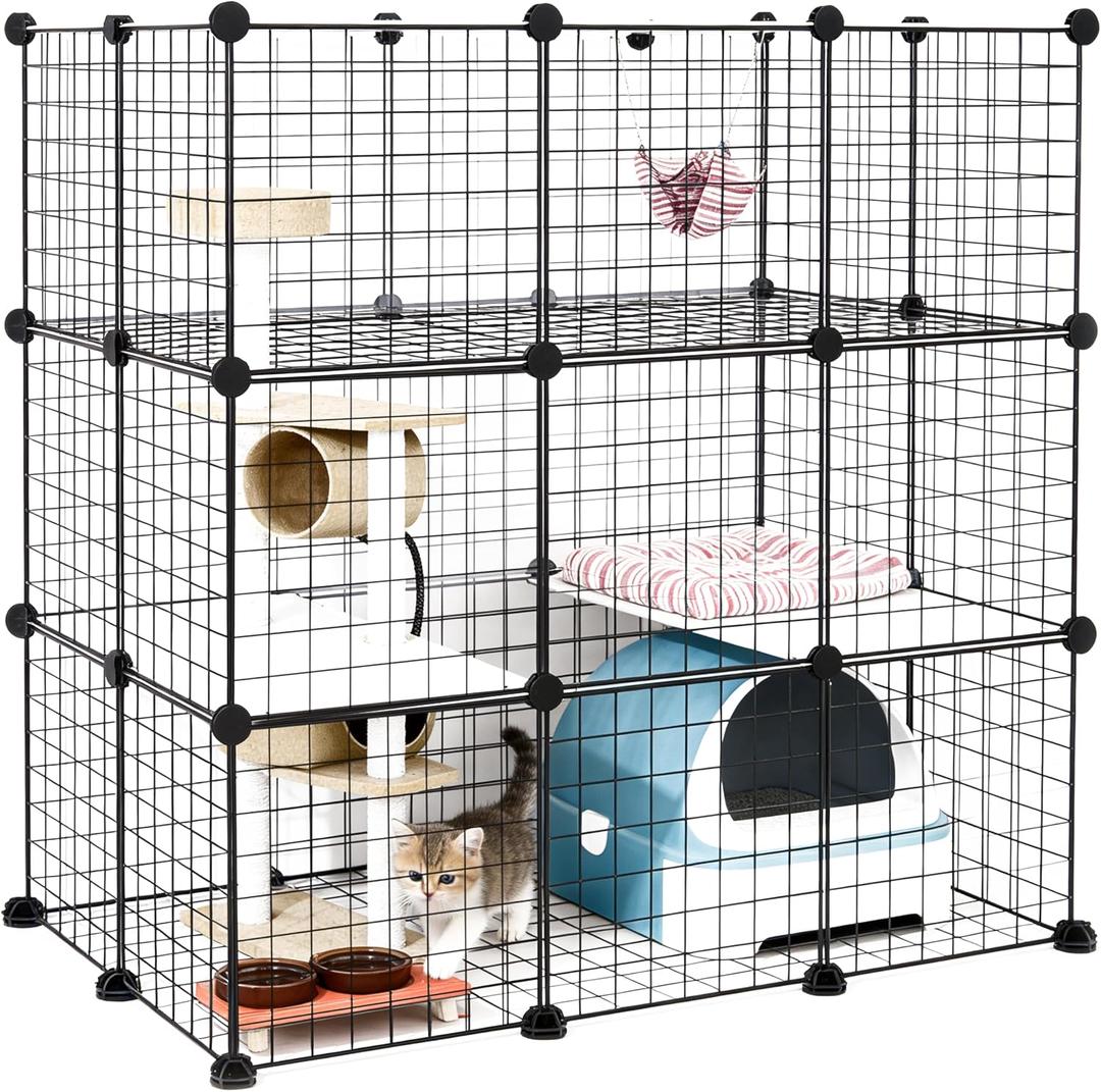 DIY Modular Cat Enclosure 3x3x2 Grid | Extra Large Indoor Cat Playpen | Foldable Black Wire Metal Cat Cage with Multi-Level Shelves | Approx. (43.7" x 29.5" x 43.3")