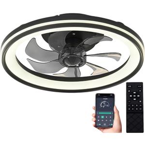 20inch Ceiling Fans Lights,68W Flush Mount Ceiling Fan with Ceiling Lights,Dimmable 3CCT,App Control,Remote Control,Timer,6 Wind Speeds Smart Low Profile Ceiling Fan for Room (B-Black)