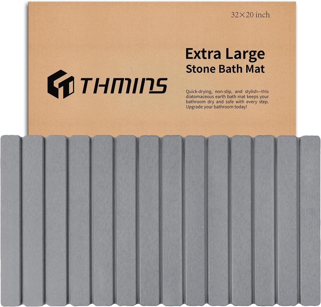THMINS Foldable XLarge Stone Bath Mat 32x20 inch, Diatomaceous Earth Bath Mat, Super Absorbent, Quick-Drying, Non-Slip, Space-Saving, Easy to Clean for Bathroom, 31.5x19.7''