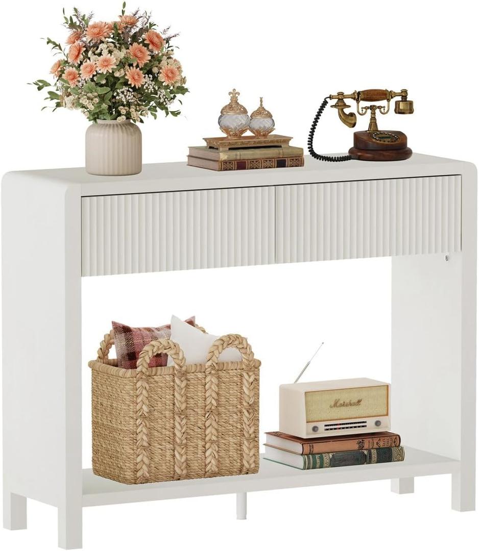 FATORRI Narrow Console Table with Storage, Wood Sofa Table for Entryway, 39.37 inch Modern Hallway Tables and Couch Tables Behind Sofa for Entrance, Foyer, Bedroom, Living Room (Antique White)