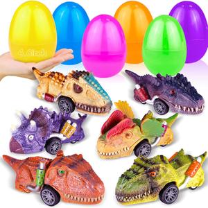 AMENON 6 Pack 4.6" Large Easter Eggs Filled with Dinosaur Pull Back Car Toys, Easter Basket Essential Stuffers,Eggs with Toys Inside Pull Back Vehicles for Kids Toddlers Boys Girls Party Favors Gifts