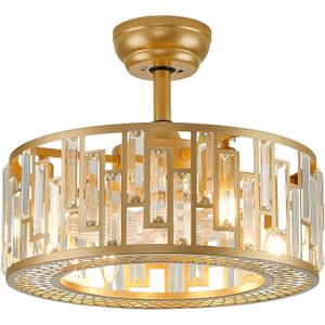 Gold Crystal Fandelier Kitchen Caged Ceiling Fan Light for Bedroom with Remote Control Modern Bladeless Brass Ceiling Fan Lighting Fixture for Dining Room Living Room