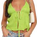 Women Y2k Front Tie Crop Tops Halter Neck Flowy Plisse Summer Going Out Top Sexy Split Sleeveless Cami Shirt (Medium, Green)