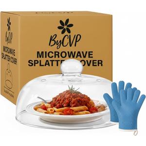 Glass Microwave Splatter Cover 10 Inch Borosilicate Glass Food Cover with Handle, Includes Heat Resistant Gloves, Dishwasher Safe