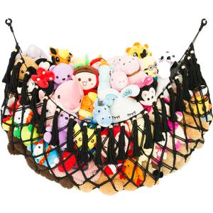 Stuffed Animal Hammock Wall Mounted Hanging Net for Stuffed Animal Storage Holder Handmade Macrame Toy Hammock Boho Nursery Organizer Plushies Net(Black)