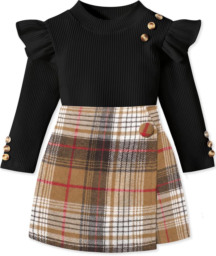 Toddler Girl Clothes,Girls Outfits Long Sleeve Ruffle Button Tops + Plaid Skirt Shorts + Hat 3Pc Little Girls Clothes (4-5T, Black+brown Plaid)