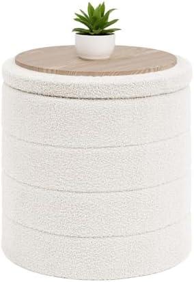 B FSOBEIIALEO Ottoman with Stroage, Round Sherpa Storage Ottoman Stool, Boucle Foot Rest 16.9"x16.9"x17.7"（White