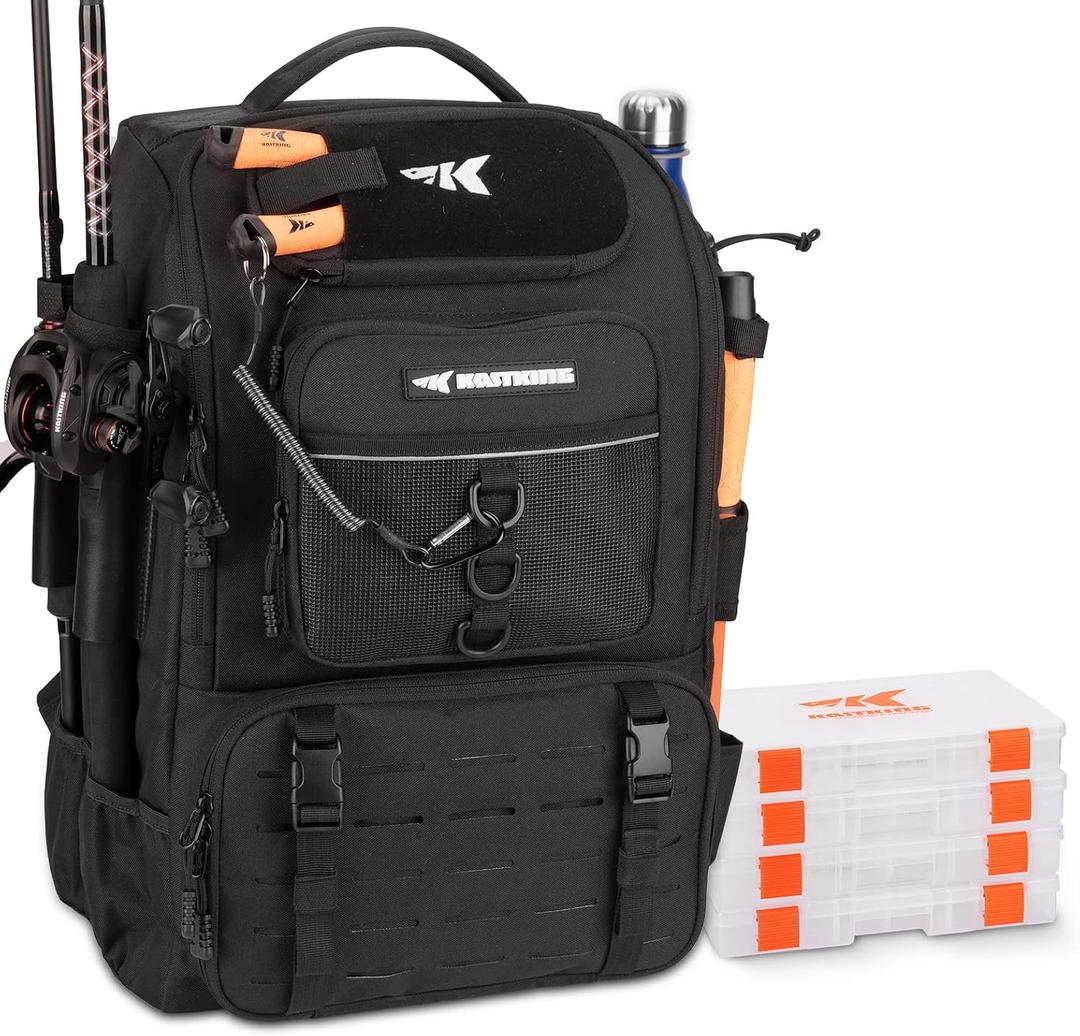 KastKing KarryAll Fishing Tackle Backpack with Rod Holder 4 Tackle Boxes,40/26L Tackle Bag Storage Fishing Gear and Equipment, Large