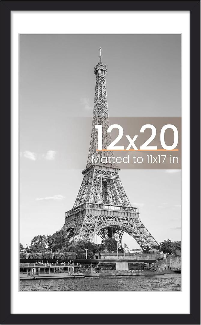 upsimples 12x20 Frame, Display Pictures 11x17 with Mat or 12 x 20 Without, Wall Hanging Photo Frames, Black, 1 Pack