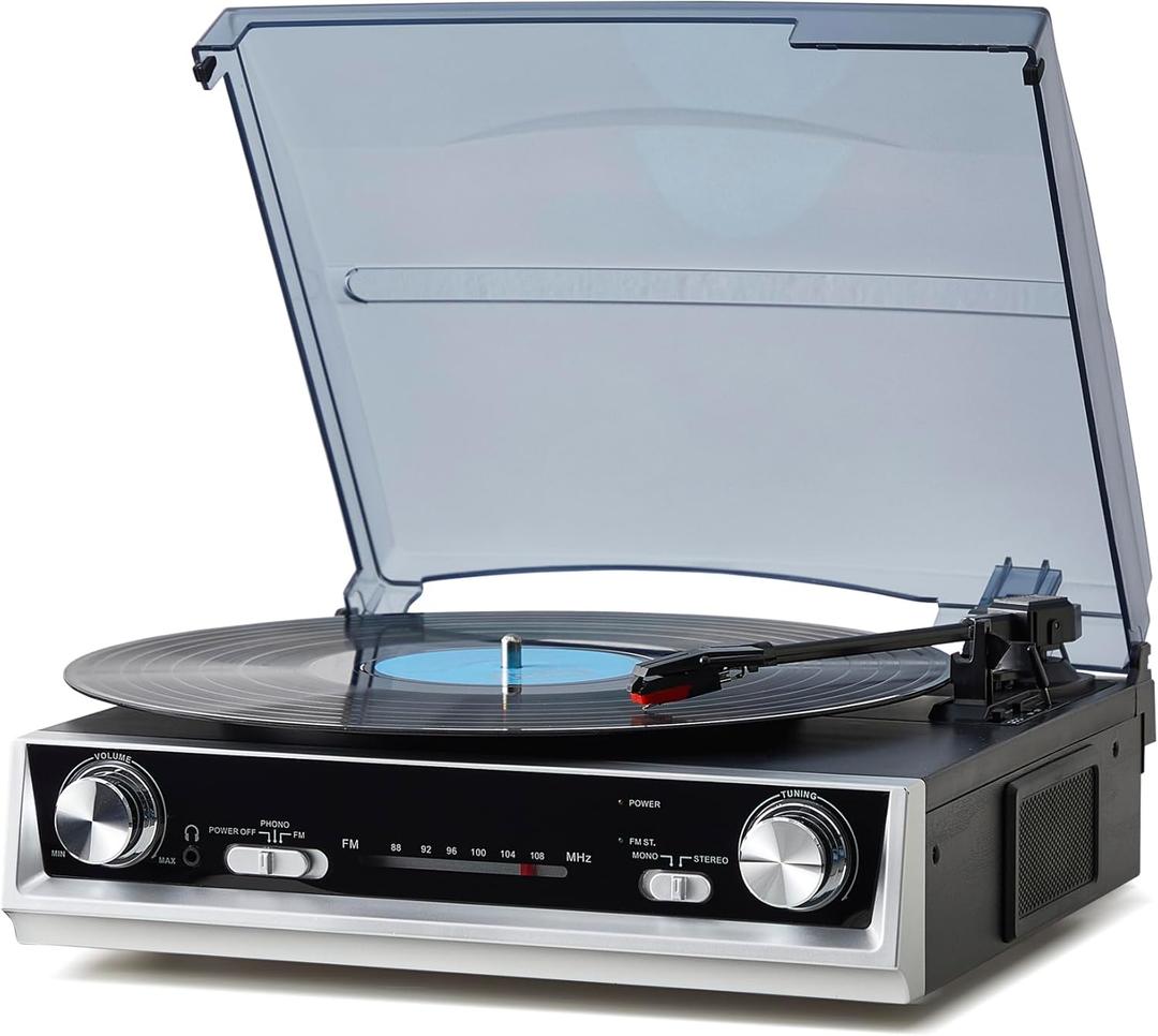 Vinyl Record Player, 3-Speed Vintage Turntable with Built-in Speakers and FM Radio, All-in-One Record Player for Vinyl with RCA Out & Headphone Jack, Black Wood