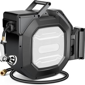 5/8" X 100 Ft Heavy Duty Retractable Garden Hose Reel,Outdoor Garden Hose Reels - Self Retract Wall Mount Any Length Lock,10 Pattern Nozzle,for Watering and Car Washing