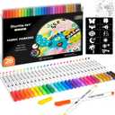 Shuttle Art 28 Colors Fabric Markers, Shirt Permanent Markers for Clothes Sneakers Jeans with 11 Stencils 1 Fabric Sheet, Fabric Pens for Kids Adult Painting Writing