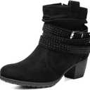 Women's Mid Calf Boots,Round Toe Comfort Low Heel Slouchy Dress zip booties with Jeweled strap (6, Black1)