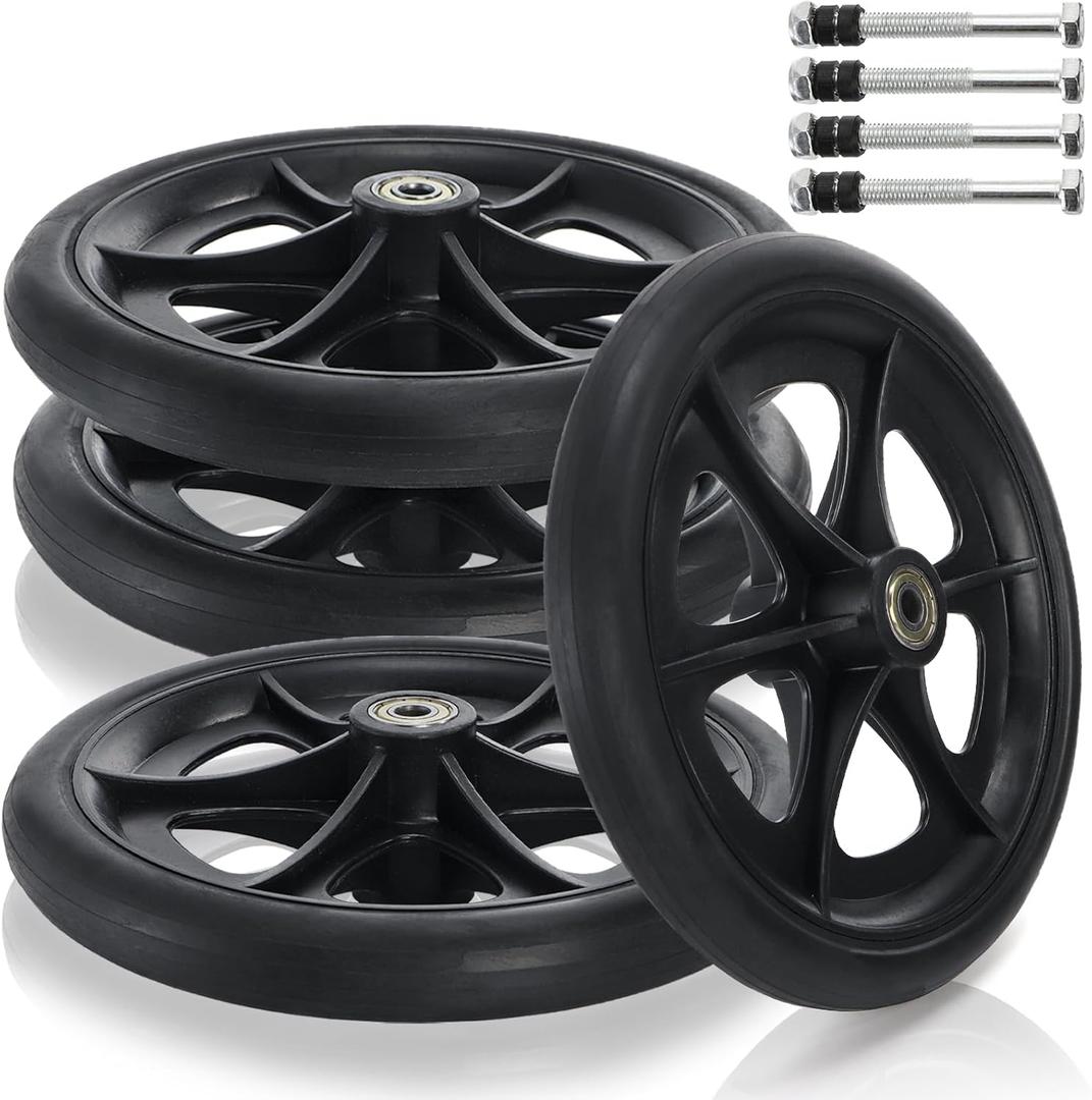 4 Pack Replacement Wheelchair Wheels, 8 Inch Wear Resistant Walker Front Wheels PU Tires, Anti-Slip Cast Roller Wheel for Most Floors, Black
