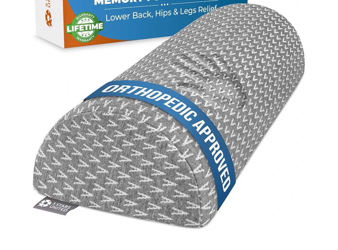 5 STARS UNITED Knee Pillow for Back Sleeping – Memory Foam Cushion for Sciatica Pain Relief – Under Leg Support for Sleeping on Back – Half Moon Bolster for Bed, Gray