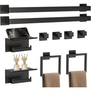 10-Piece Matte Black Bathroom Accessories Set, 23.6 Inch Bathroom Hardware Set, SUS304 Stainless Steel Bath Towel Bar Set, Toilet Paper Holder with Shelf, Towel Hooks, Towel Rings Wall Mounted