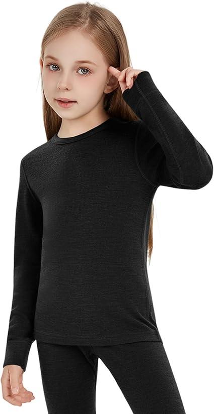 Kids Unisex 100% Merino Wool Base Layer Tops Lightweight Thermal Underwear Shirt 11_12Y, Black