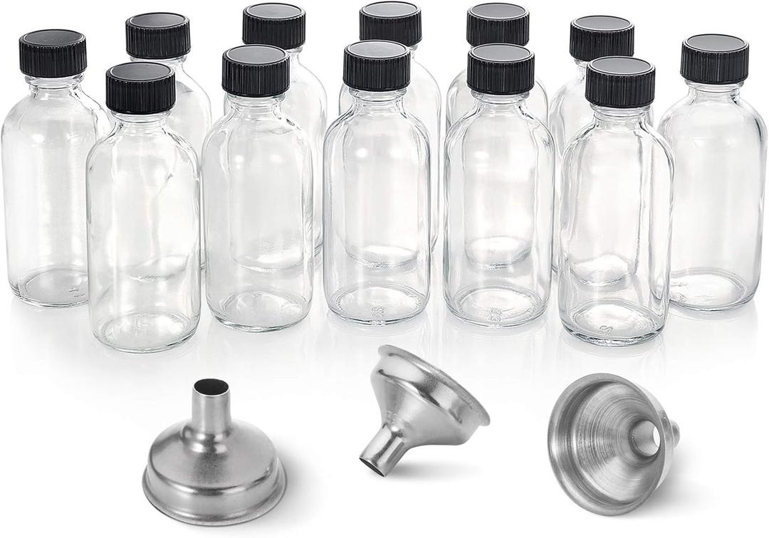12 Pack, 2 oz Small Clear Glass Bottles w/Lid & 3 Funnels - 60ml Boston Shot Bottles for Health, Immunity, Potion, Wellness, Sample, Ginger, Juice - Mini Personal Care & Beauty Travel Bottle