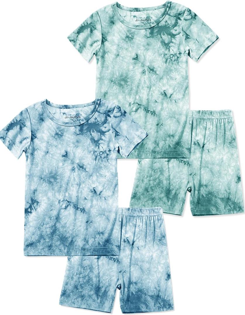 Jimonda Kids Soft Rayon From Bamboo Sleepwear Short Sleeve Boys Girls Pajama Outdoor 4-Piece tops&shorts Casual sets Tie PJ (11-12 Years, Blue&green)