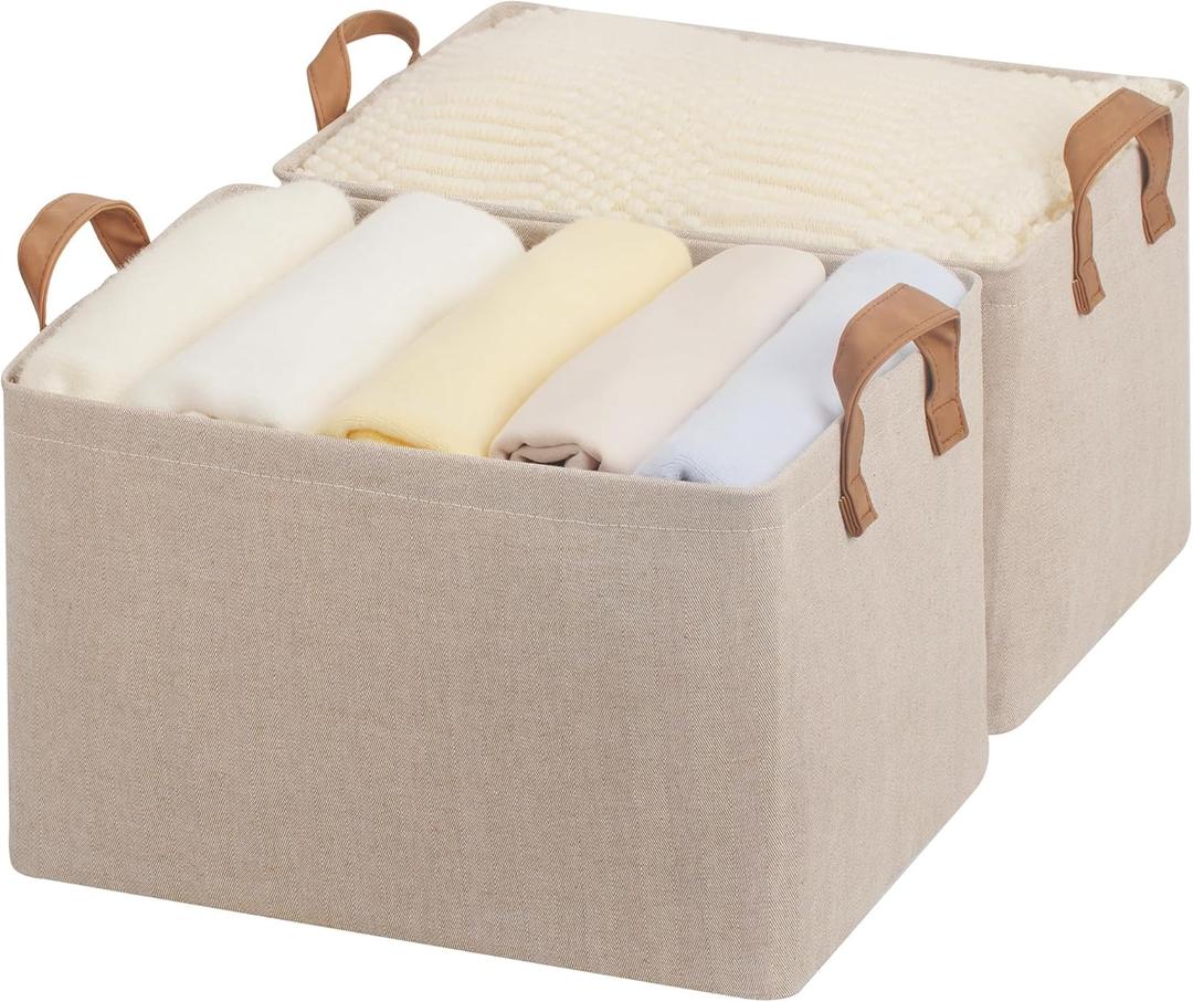 StorageWorks Storage Bins, Shelves Baskets for Organizing, Large Fabric Closet Organizers with Handles, Metal Frame, Brown and Beige, 2-Pack