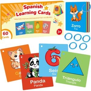 Toddler Spanish Learning Flash Cards, 60 PCS Double Sides Bilingual Flashcards for Numbers, Colors, Shapes, Sight Words, Learn Spanish for Kids, Preschool Kindergarten Learning Activities
