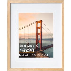 KINLINK 16x20 Picture Frame Natural - Solid Wood Frames with Acrylic Plexiglass for Pictures 12x16 / 11x14 with Mat or 16x20 without Mat, Wall Display Photo Frame, Set of 1