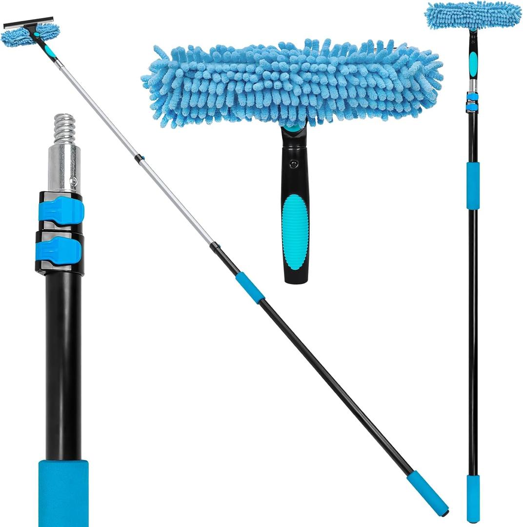 20 Feet High Reach Window Squeegee with 5-12Ft Extension Pole, 2 in 1 Rotatable Window Cleaning kit for High Window, Solar Panel Outdoor Window Washing Equipment