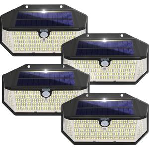 Solar Outdoor Lights, 266LED with Motion Sensor and 3 Lighting Modes, IP65 Waterproof, 5 Sides of 220 Wide Angle Light, Intelligent Security Wireless Lights for Patio, Garden(White, 4pack)
