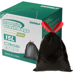 SWIHELP Drawstring Trash Bags 280 Counts 4 Gallon Garbage Bags 15 Liters Plastic Trash Can Liners Waste Basket Bin Liners