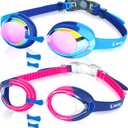 Keary Kids Swim Goggles for Toddler Kids Youth(3-12),Anti-Fog Waterproof Anti-UV Clear Vision Water Pool Goggles (Mirrored Blue & Clear Pink(2 Pack))