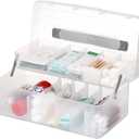JUXYES 2-Tiers Bandages Carry Storage Box With Handle Lid - Transparent Portable Bandages Storage Bin With Lifting Divided Tray - Plastic Storage Container for School, Office, Travel Use Supplies